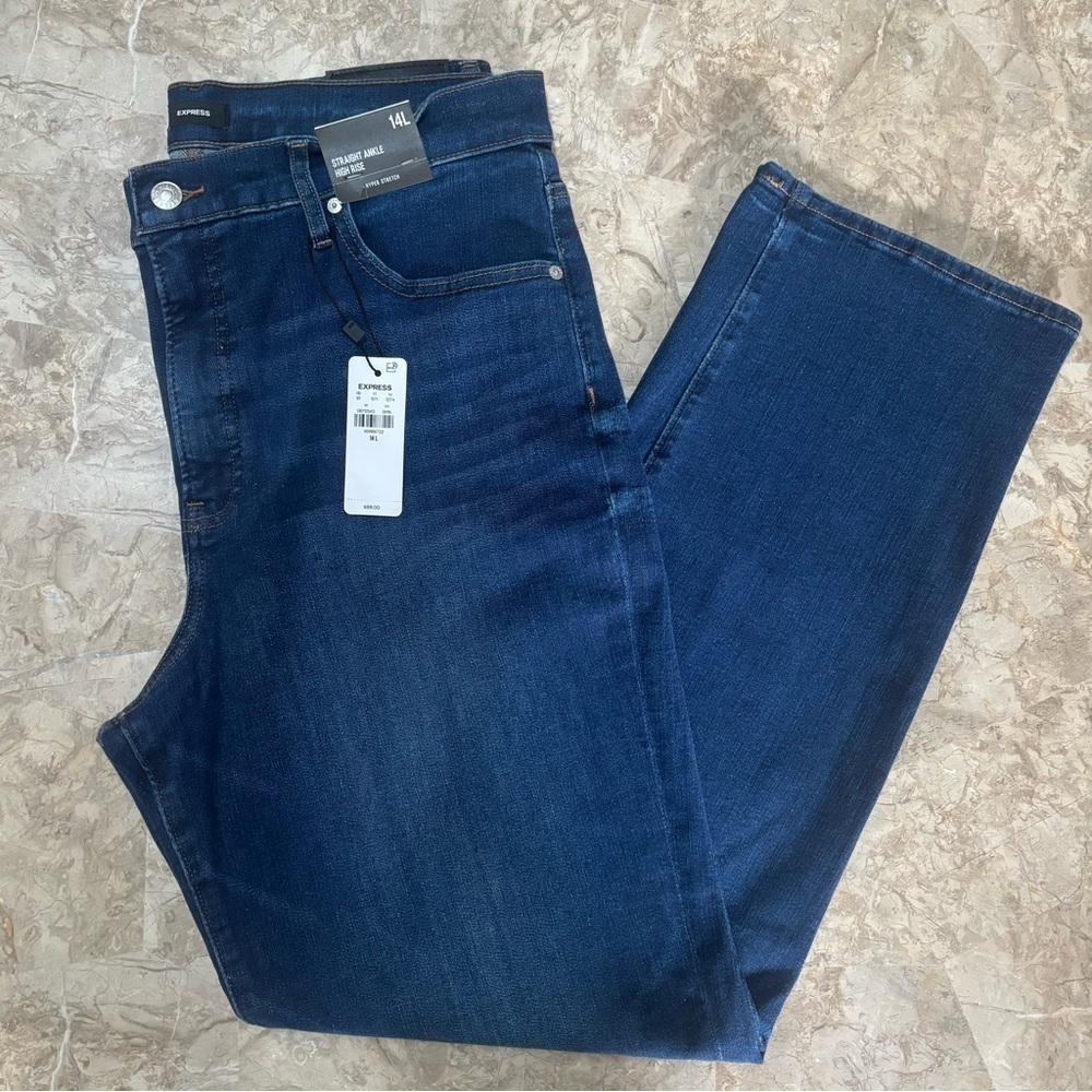 Express Hyper Stretch High Rise Straight Ankle Length Jeans 14 Long Dark Wash